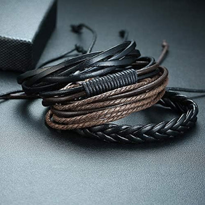 Rockyu ブレスレット メンズ 4点セット ブラック PUレザー 多層編み込み おしゃれ腕輪