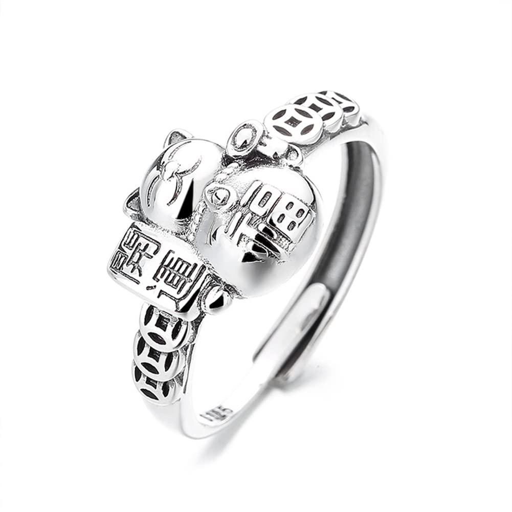 Rockyu 招き猫リング レディース フリーサイズ シルバー 銅銭モチーフ 文字刻印 調節可能