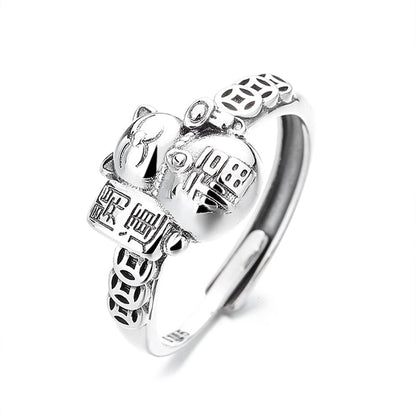 Rockyu 招き猫リング レディース フリーサイズ シルバー 銅銭モチーフ 文字刻印 調節可能