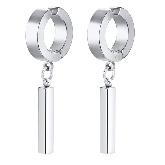 Rockyu メンズ ピアス スティックペンダント リングピアス バーイヤーカフ ブラック＆シルバー ステンレス製