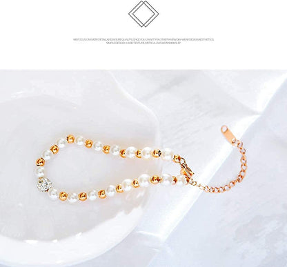 Rockyu ブレスレット レディース パール×ラインストーン 上品エレガント 2連風デザイン