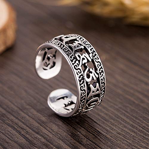 Rockyu 指輪 メンズ フリーサイズ 六字真言シルバーリング 厄除け・お守り アンティーク風