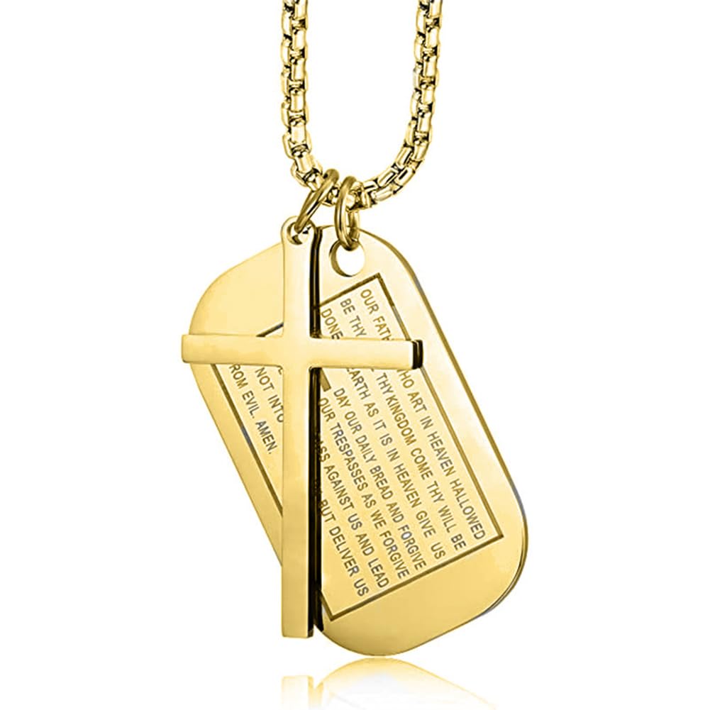 Rockyu メンズネックレス クロス十字架＆聖書モチーフ ドッグタグペンダント ステンレス製 ゴールド ブラック シルバー お守り アクセサリー