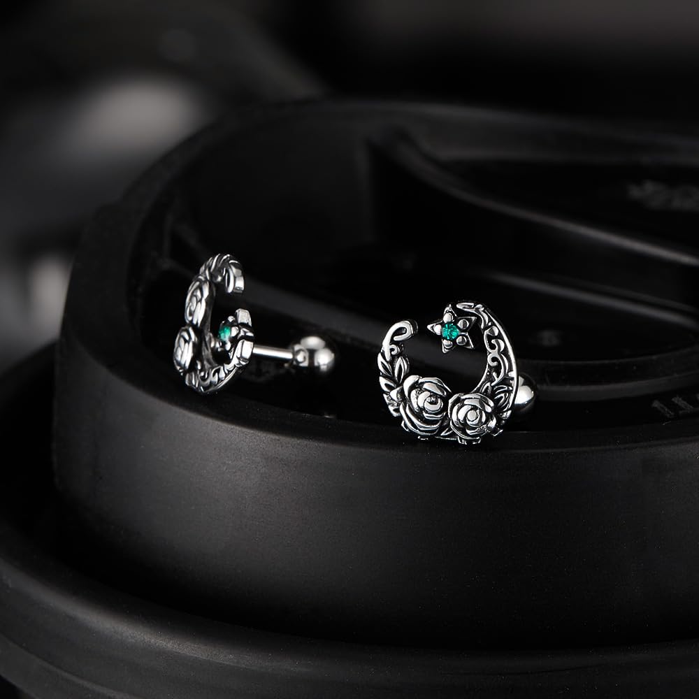 Rockyu ピアス メンズ ステンレス 片耳 三日月モチーフ 花彫刻 キュービックジルコニア アレルギー対応