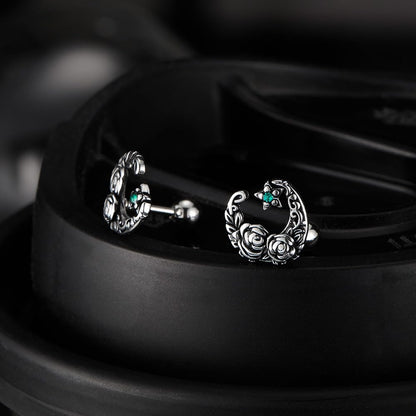 Rockyu ピアス メンズ ステンレス 片耳 三日月モチーフ 花彫刻 キュービックジルコニア アレルギー対応