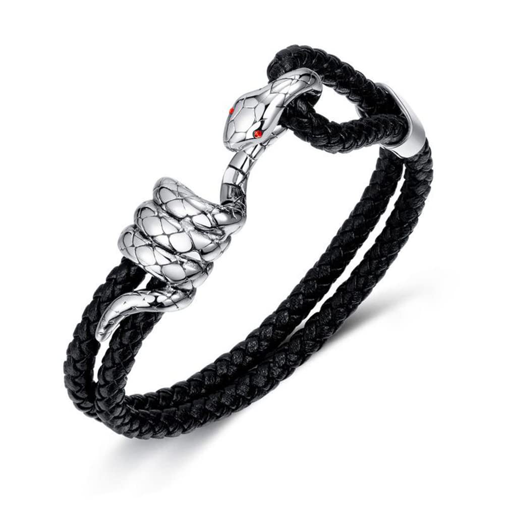 スネークレザーブレスレット メンズ｜編み込みレザー×ステンレス蛇ヘッドデザイン