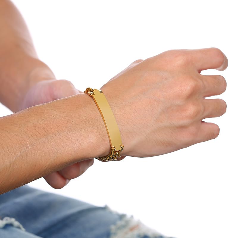 Rockyu ブレスレット メンズ レディース プレート チェーン ステンレス製 IPゴールド仕上げ