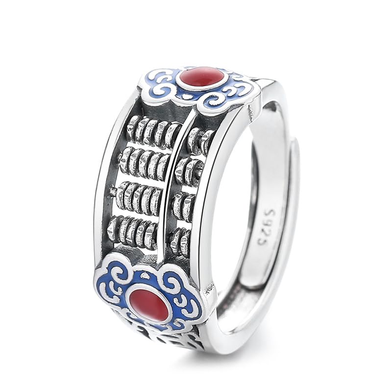Rockyu 指輪 レディース メンズ 太め シルバー925 赤瑪瑙 算盤モチーフリング フリーサイズ 金運アップ 民族風 お守り