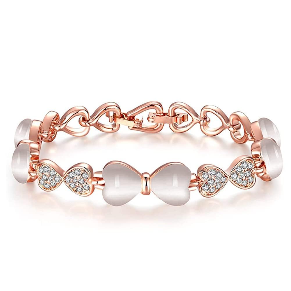 ハート＆リボンの猫目石ブレスレット｜ジルコニア×ローズゴールド＆ゴールド