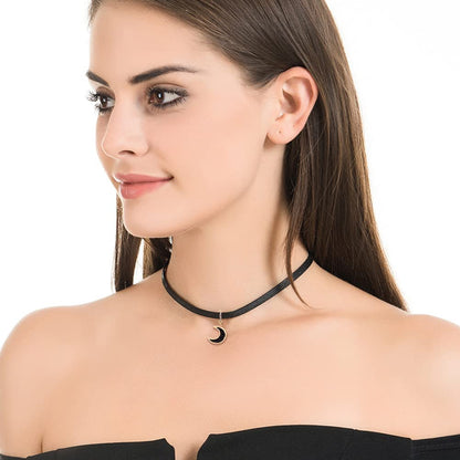 Rockyu 三日月チョーカー レディース 黒レザー×ピンクゴールド ジルコニア付き 金属アレルギー対応