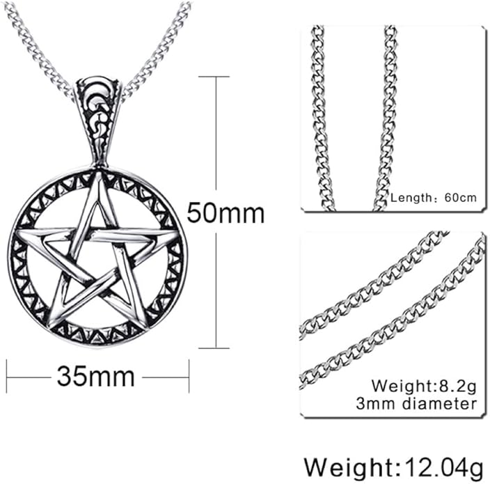 Rockyu ネックレス メンズ シルバー 五芒星ペンダント｜ヴィンテージ風 円形デザイン お守りジュエリー