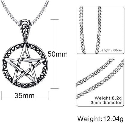 Rockyu ネックレス メンズ シルバー 五芒星ペンダント｜ヴィンテージ風 円形デザイン お守りジュエリー