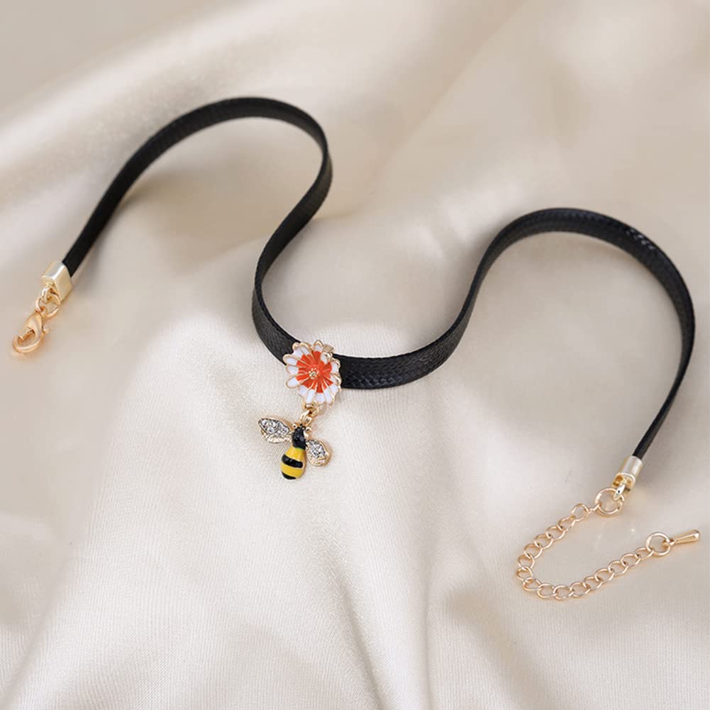 Rockyu チョーカー レディース 黒 レザー 蜜蜂 フラワー ジルコニア ペンダント