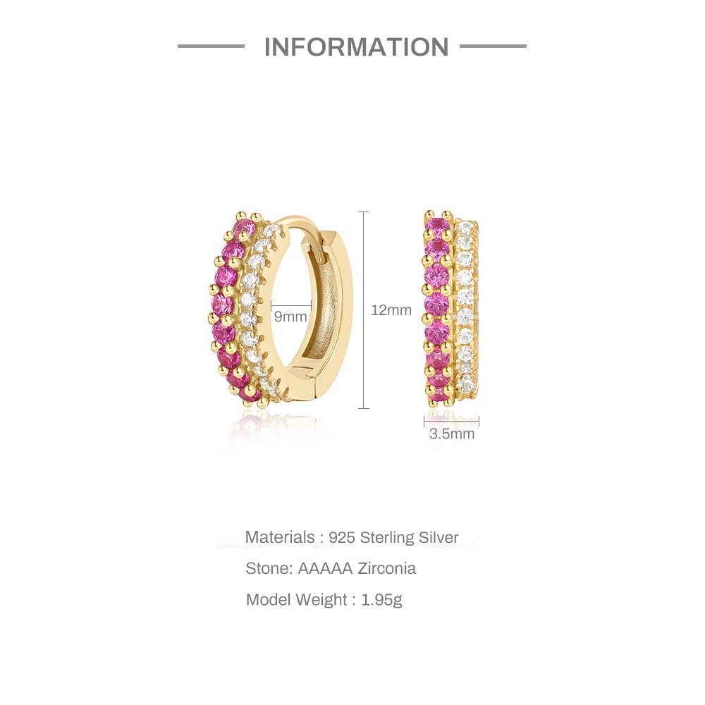 Rockyu レディース フープピアス シルバー925 ジルコニア 二連 ゴールドカラー レッド／ブルー／ターコイズ