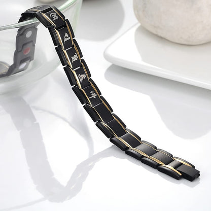 Rockyu ブレスレット メンズ ブラック 磁気 ゲルマニウム 静電気除去 ステンレス腕輪