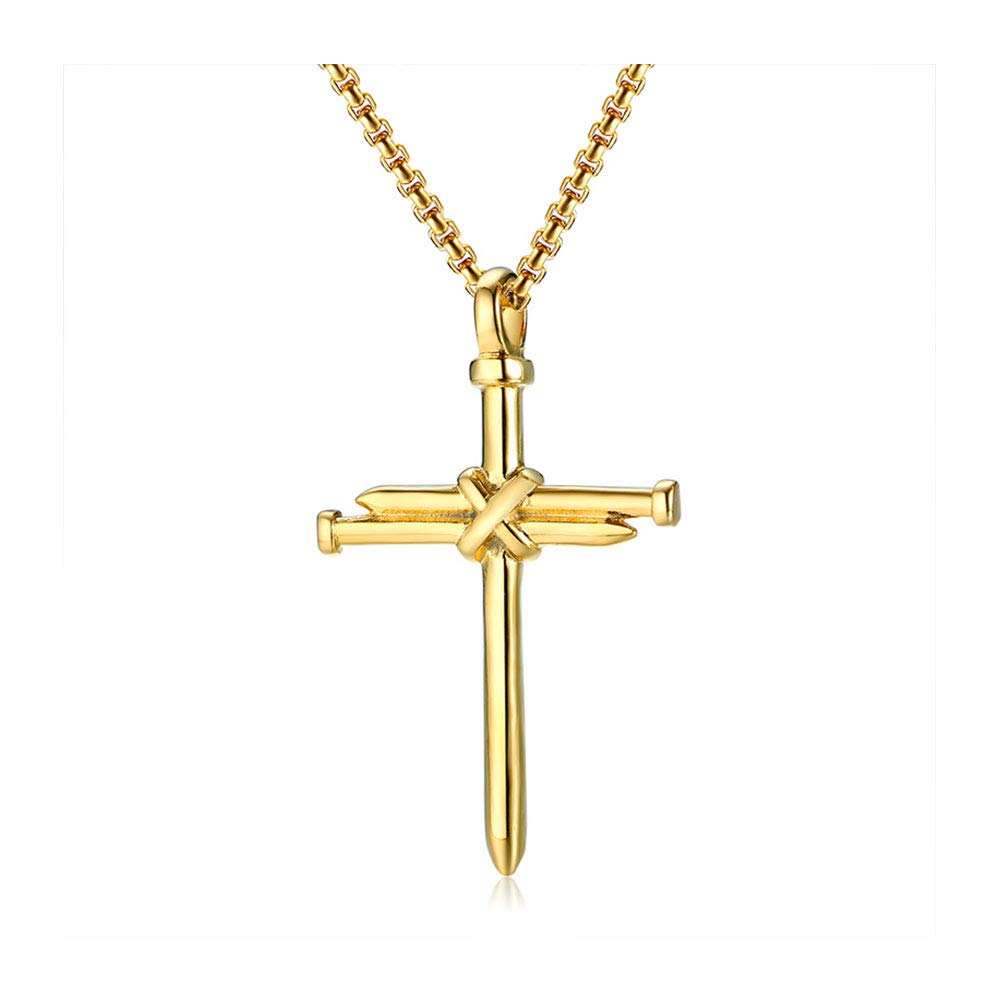 Rockyu ネックレス メンズ クロス 釘デザイン ステンレス製 金属アレルギー対応