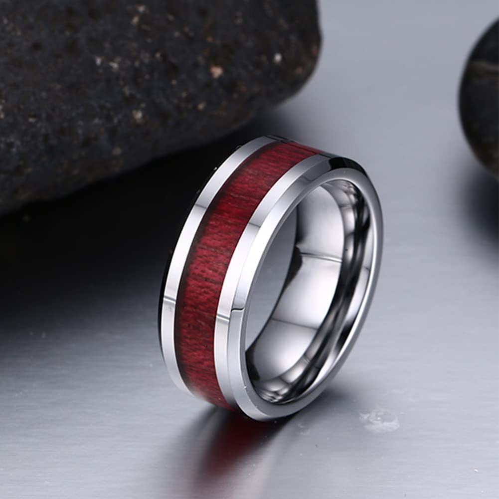 Rockyu タングステンウッドインレイリング メンズ｜8mm幅 シルバー×木目 マット仕上げ