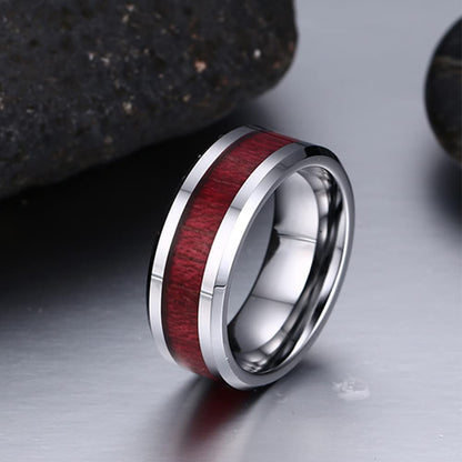 Rockyu タングステンウッドインレイリング メンズ｜8mm幅 シルバー×木目 マット仕上げ