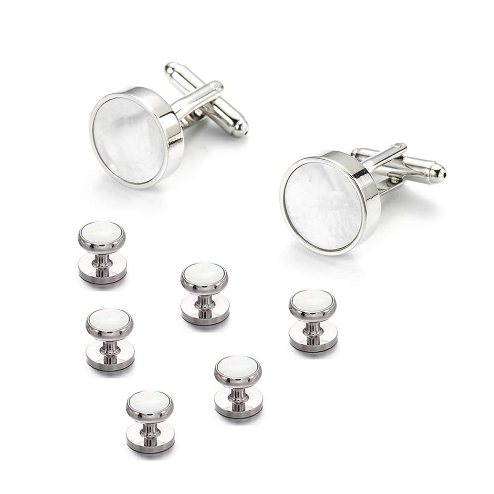 Rockyu カフス＆スタッドセット 白蝶貝デザイン ラウンド型 シルバー仕上げ フォーマルアクセサリー