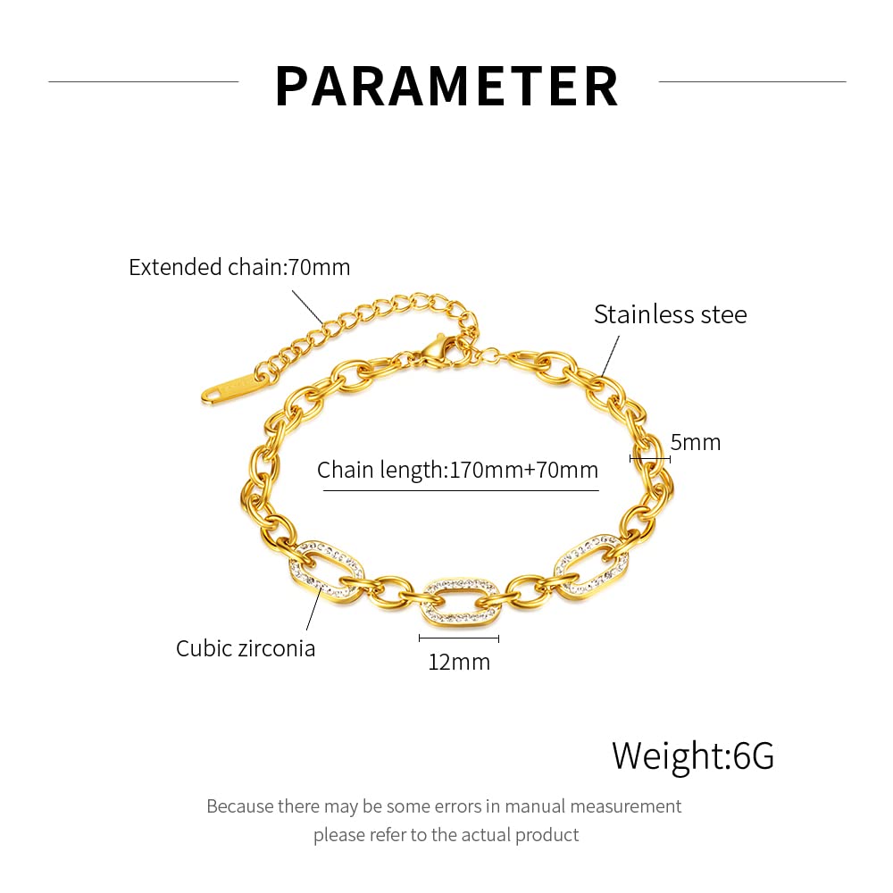 Rockyu ゴールドジルコニアリンクブレスレット ステンレス製 レディース