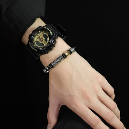 Rockyu ブレスレット メンズ 本革レザー×ステンレス コンビ バングル風デザイン