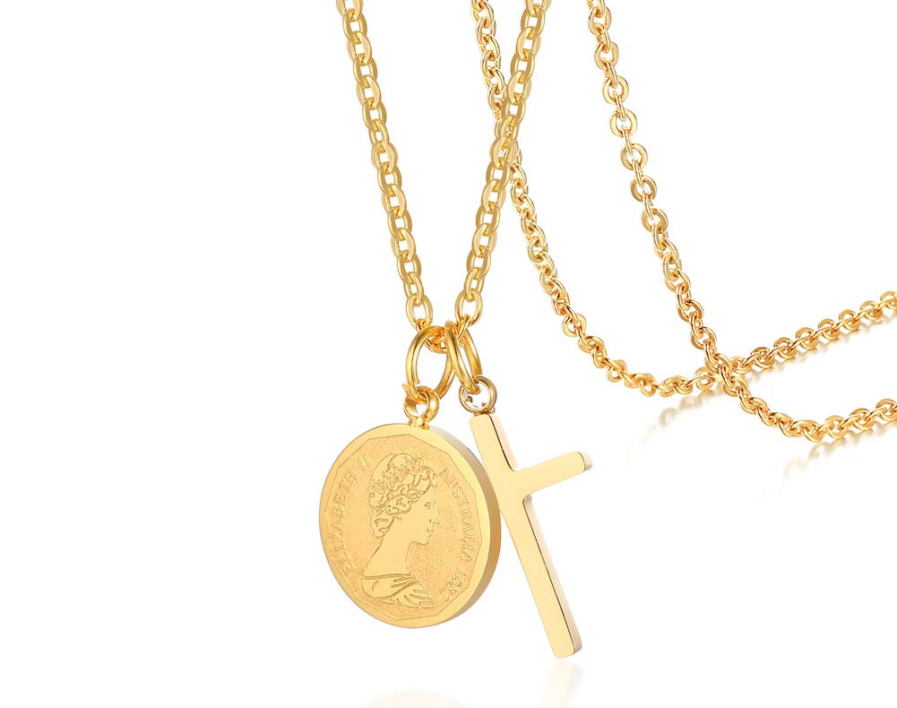 Rockyu クロス＆コインペンダント レディースネックレス ステンレス製 18Kゴールド仕上げ