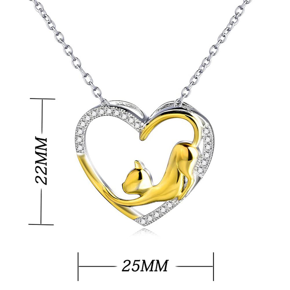 Rockyu ネックレス レディース ハート シルバー ゴールド ジルコニア かわいい ニャンコ ネコ 猫ネックレス 動物 猫モチーフ キャットにゃんちゃん 心型ペンダント