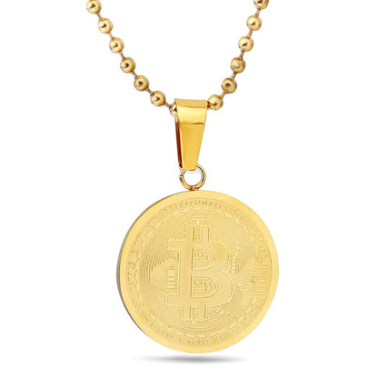 Rockyu メンズネックレス ステンレス製 Bitcoinコインペンダント 18金メッキ ヒップホップ風 男女兼用