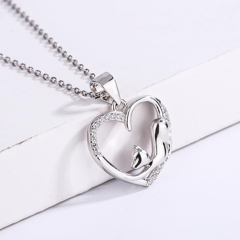 Rockyu 猫モチーフ ネックレス レディース 925純銀 ハートペンダント キュービックジルコニア