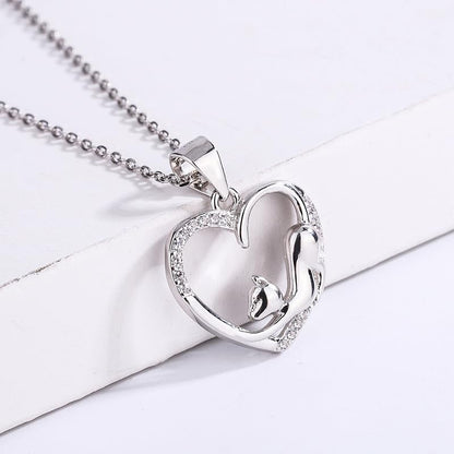 Rockyu 猫モチーフ ネックレス レディース 925純銀 ハートペンダント キュービックジルコニア