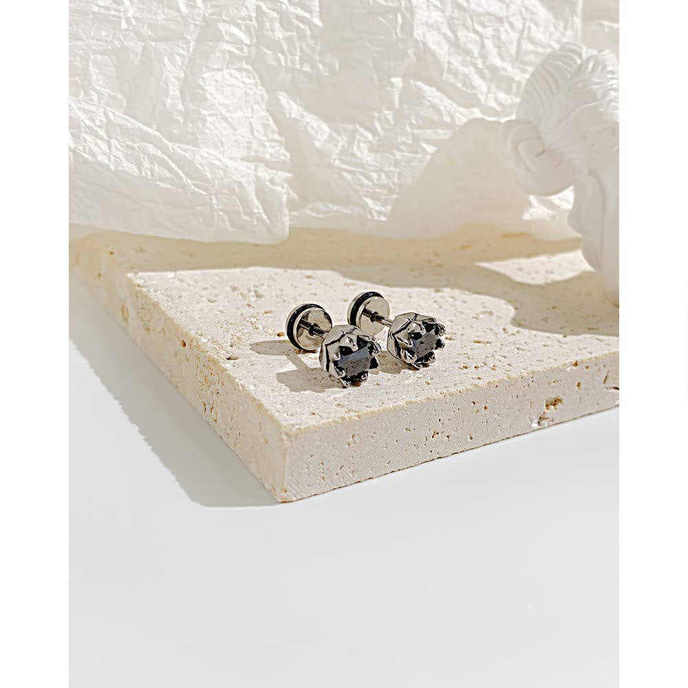 Rockyu スタッドピアス メンズ レディース｜黒白ジルコニア 花モチーフ 金属アレルギー対応