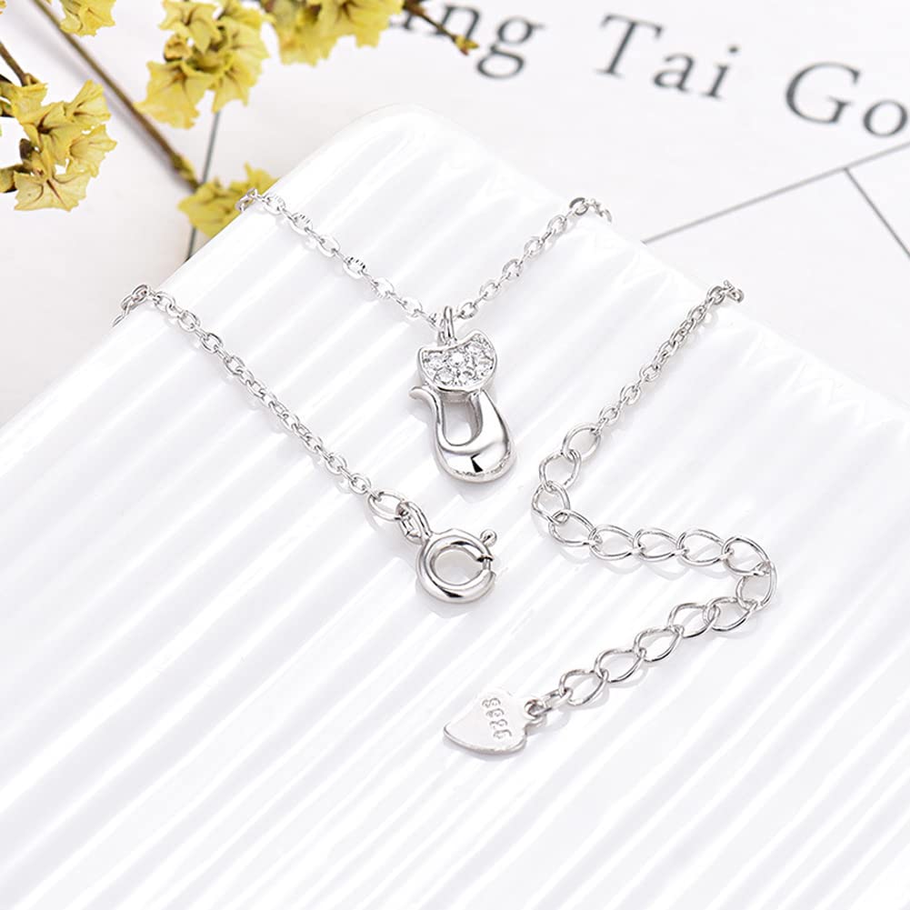 Rockyu ネックレス レディース シルバー925 猫ペンダント ジルコニア 鎖骨チェーン アレルギー対応