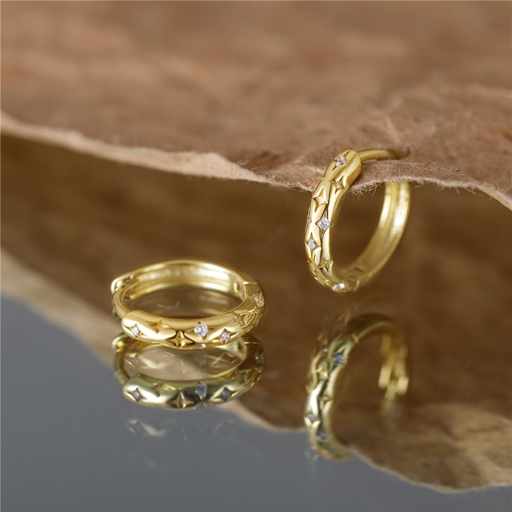 Rockyu ピアス レディース フープ ゴールド＆シルバー 18金メッキ シルバー925 星モチーフ ジルコン付き 軽量