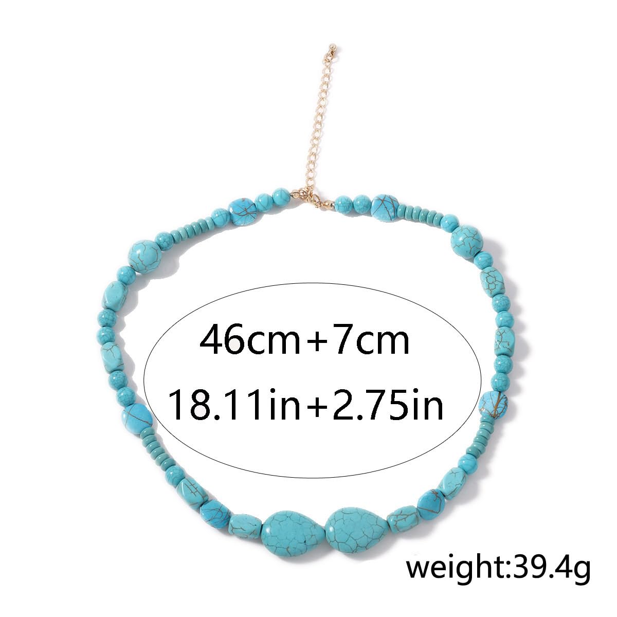 Rockyu ターコイズ天然石ネックレス レディース ビーズデザイン 調整可能 46cm+7cm