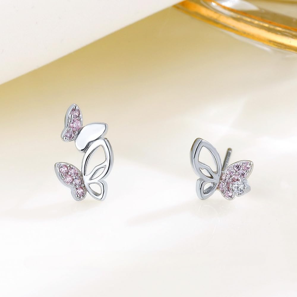 Rockyu レディース ピンク蝶々ピアス 非対称デザイン シルバー925 ジルコニア 小ぶり 透かし彫り