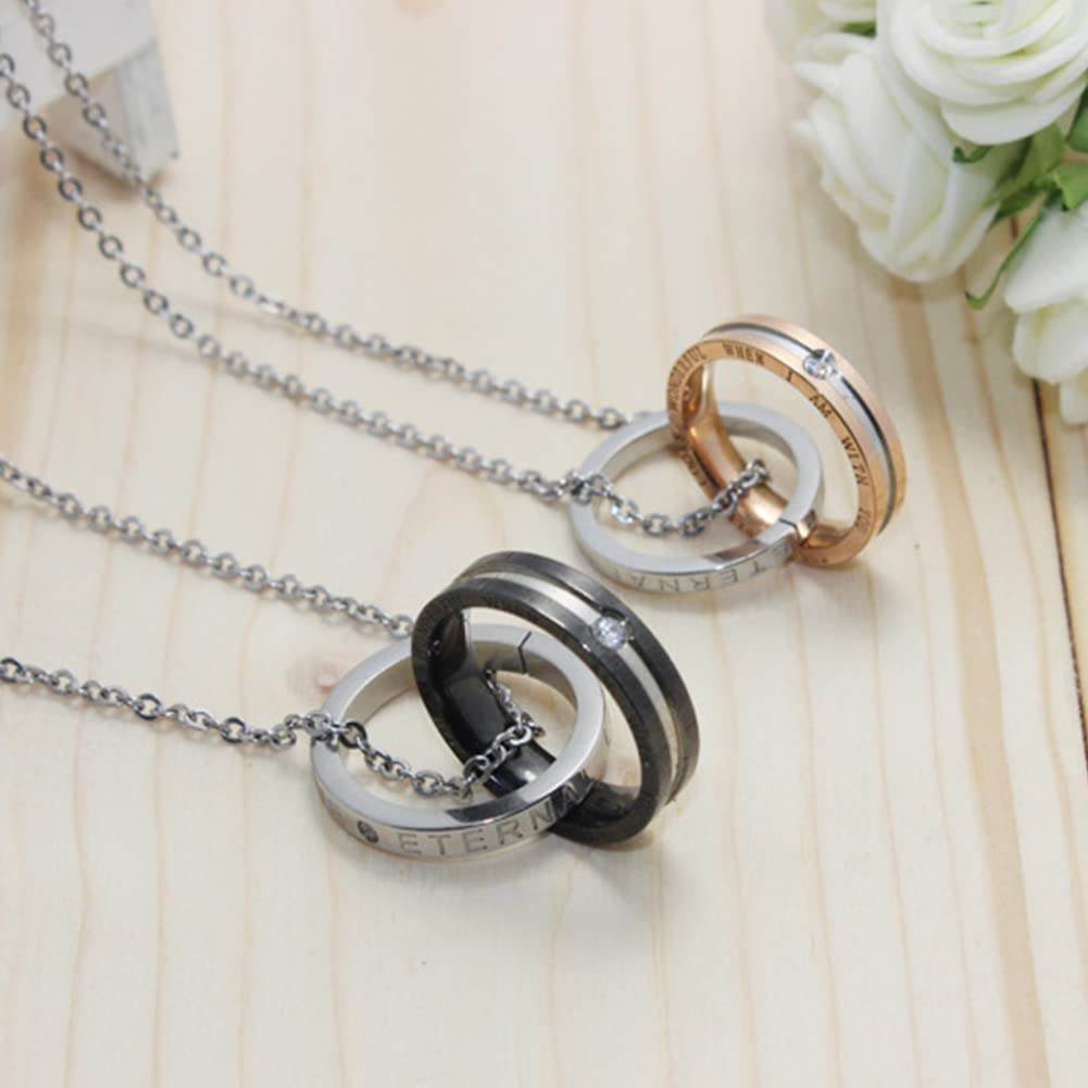 Rockyu 永遠の愛 ペアリングネックレス – 2連ステンレスリング×ジルコニア