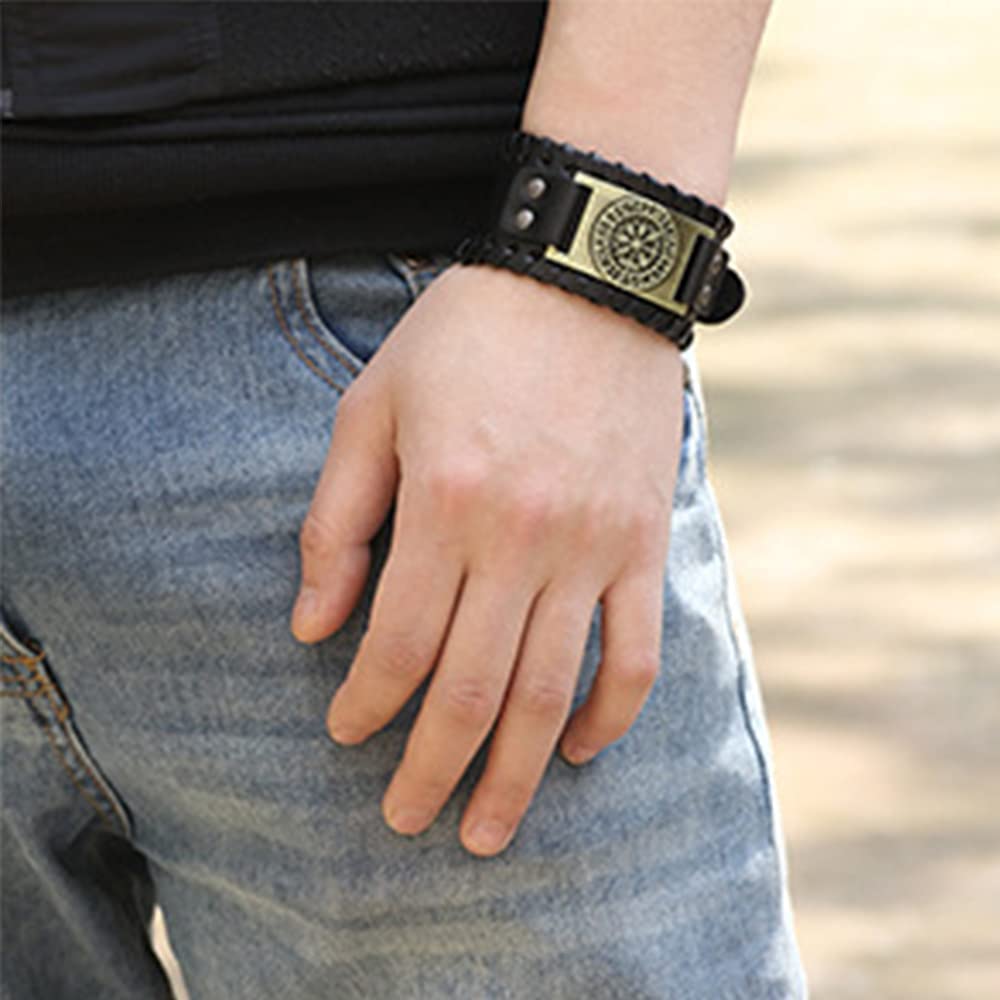 Rockyu 幅広レザーブレスレット メンズ 羅針盤プレート＆ルーン刻印 本革＆PU素材