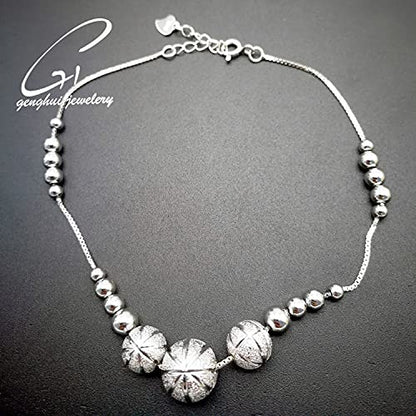 S990純銀製アンクレット レディース｜煌めく中空ビーズ＆ハートチャーム付