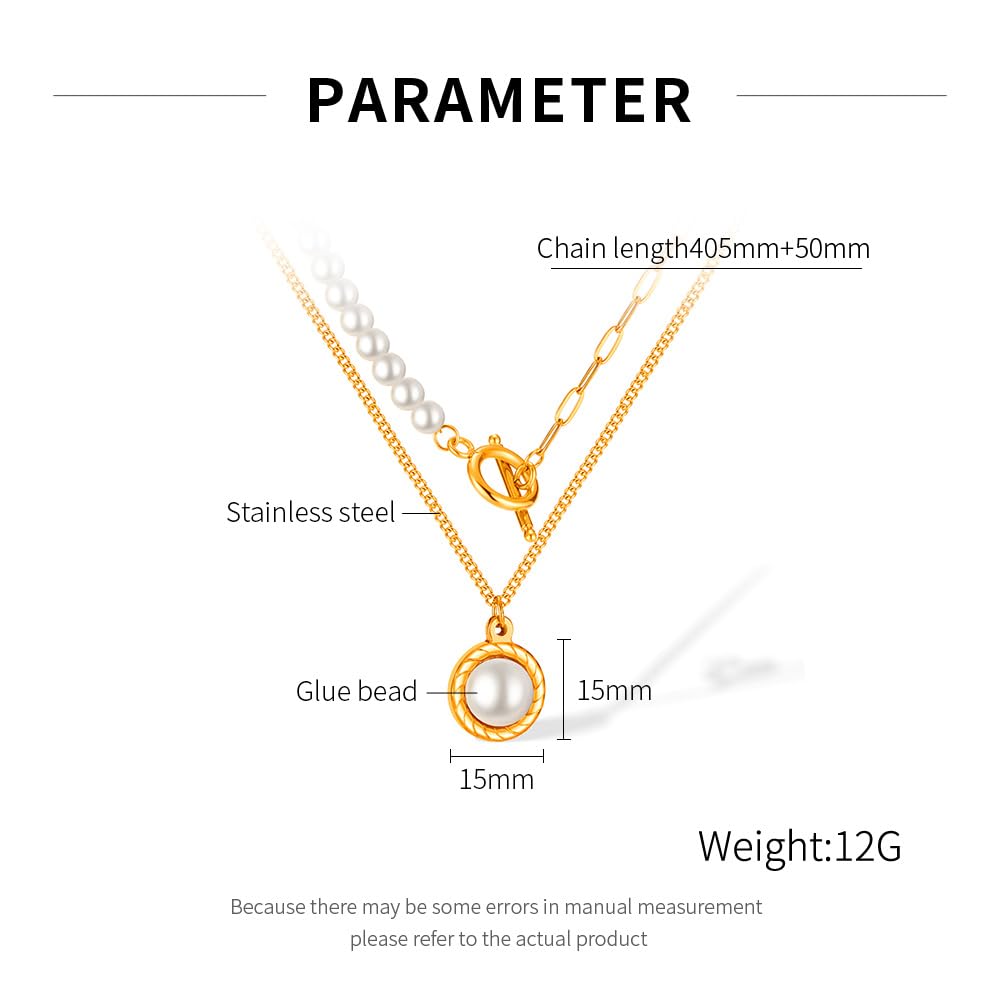 Rockyu パールネックレス レディース 2連 ゴールド ステンレス製 OTチェーン パールペンダント 調整可能 エレガント 結婚式 パーティー