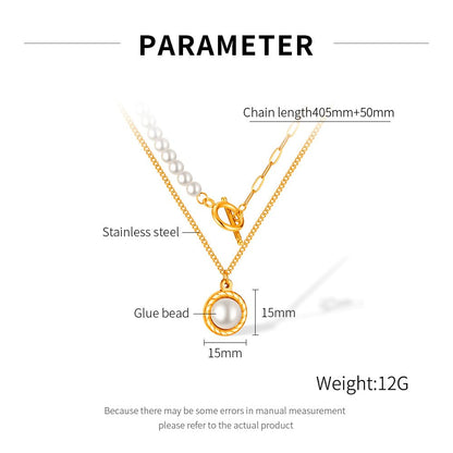 Rockyu パールネックレス レディース 2連 ゴールド ステンレス製 OTチェーン パールペンダント 調整可能 エレガント 結婚式 パーティー