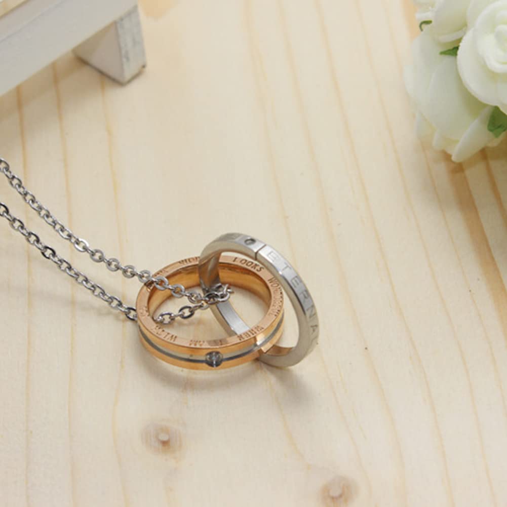Rockyu 永遠の愛 ペアリングネックレス – 2連ステンレスリング×ジルコニア