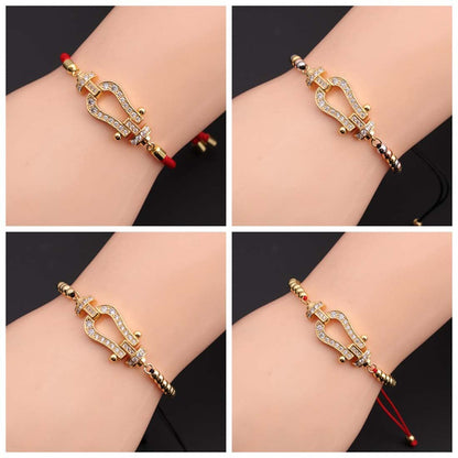 Rockyu ブレスレット レディース メンズ 馬蹄形 ジルコニア 編み込み ステンレス 金属アレルギー対応