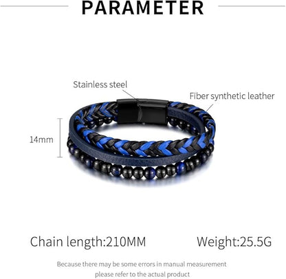 [Rockyu] ブレスレット メンズ レザー 編み込み 数珠 3連ブレスレット ステンレス マグネット留め ブルー ブラック ブランド