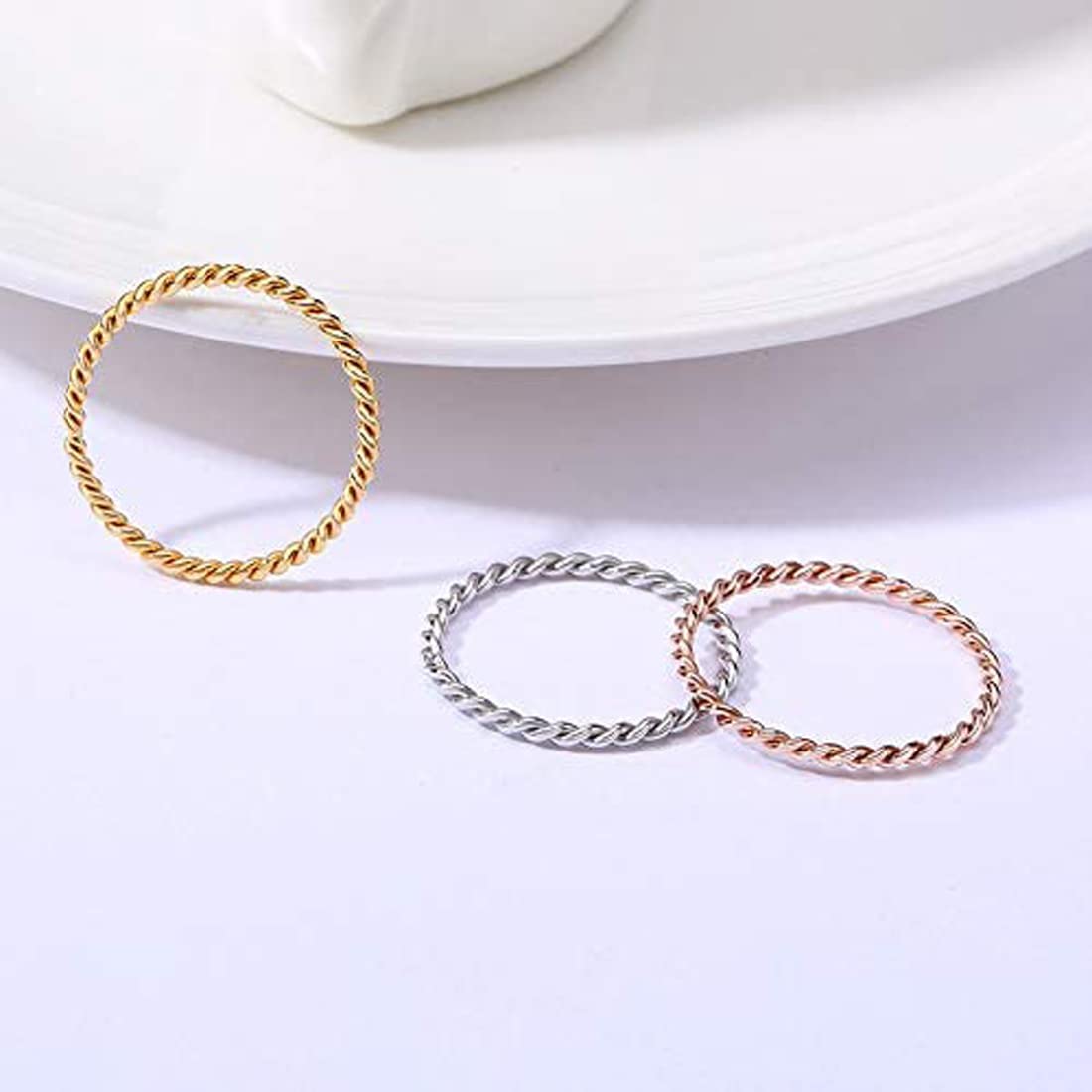 Rockyu ツイストステンレスピンキーリング 3色セット 金属アレルギー対応 関節リング