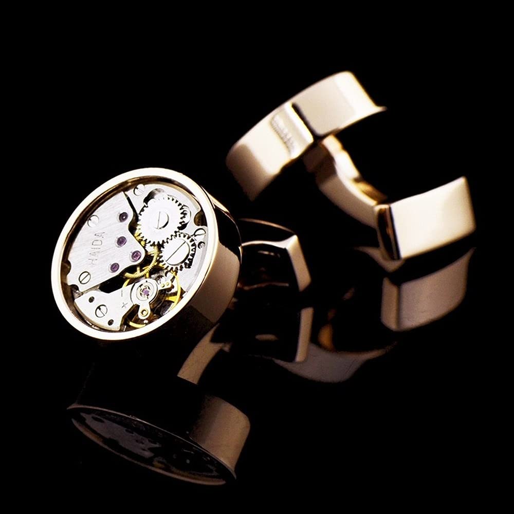 Rockyu メカニカルカフス ゴールドカラー 丸型ギアデザイン ステンレス製 アンティーク風