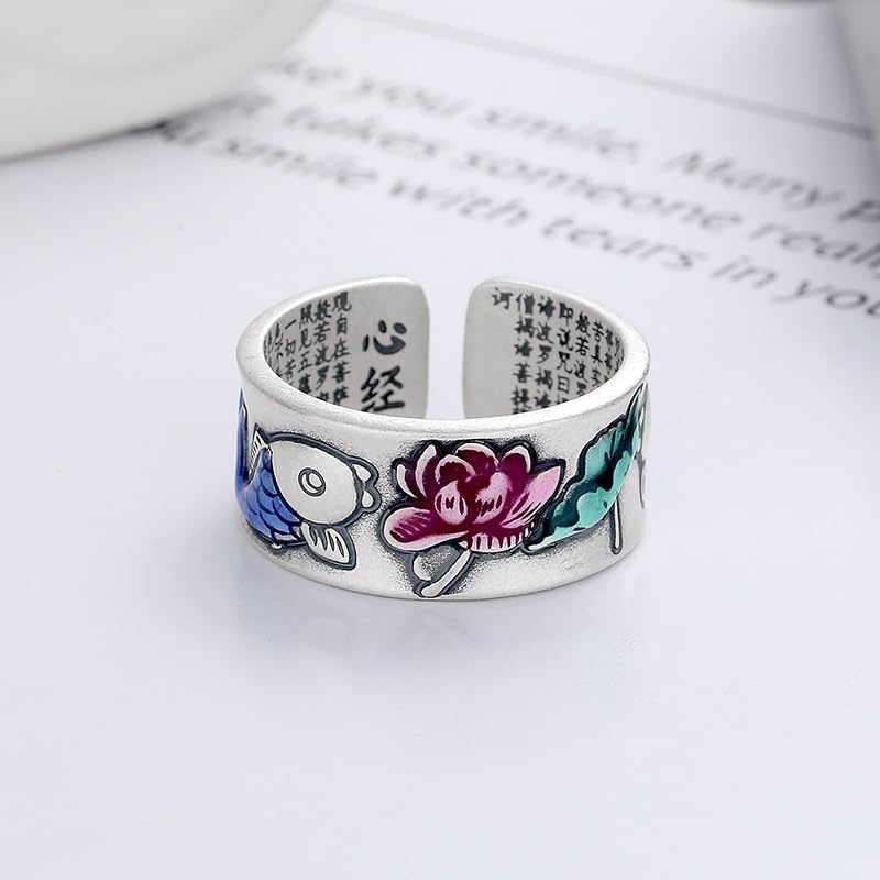 Rockyu 指輪 レディース フリーサイズ シルバー925 蓮花＆鯉モチーフ リング 金属アレルギー対応 おしゃれ プレゼント