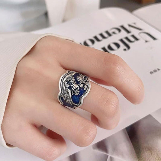 Rockyu 指輪 レディース 太め シルバー925 鳳凰＆花モチーフ 青釉薬 ウェーブリング フリーサイズ 金運アップ