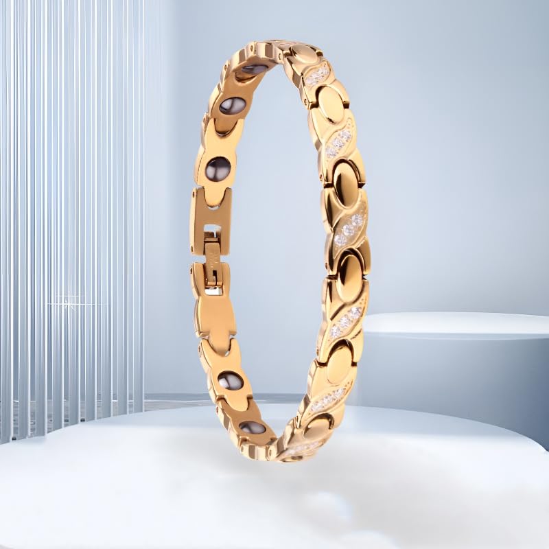 Rockyu チタン磁気ブレスレット レディース ジルコニア付 ゴールド／ピンクゴールド