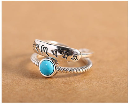 Rockyu シルバー925 緑松石 六字真言 お守りリング ヴィンテージ 開口デザイン アジャスタブルサイズ