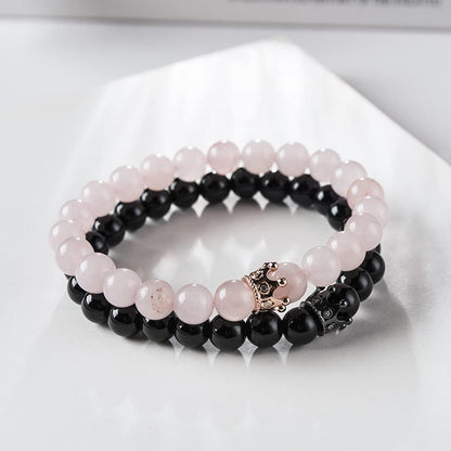 Rockyu ブレスレット メンズ レディース 2連 数珠 ビーズ 天然石 瑪瑙 クリスタル クラウン 開運 厄除けアクセサリー